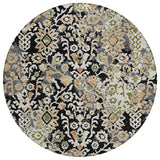 8' Black And Beige Round Geometric Washable Indoor Outdoor Area Rug