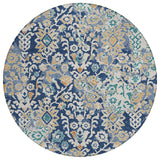 8' Navy Blue And Ivory Round Geometric Washable Indoor Outdoor Area Rug