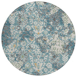 8' Teal Blue And Ivory Round Geometric Washable Indoor Outdoor Area Rug