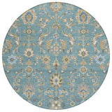 8' Teal Blue And Taupe Round Abstract Washable Indoor Outdoor Area Rug