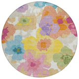 8' Ivory And Gray Round Floral Washable Indoor Outdoor Area Rug