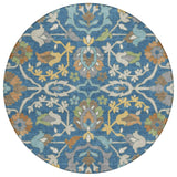 8' Blue And Brown Round Floral Washable Indoor Outdoor Area Rug