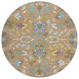 8' Copper And Blue Round Floral Washable Indoor Outdoor Area Rug