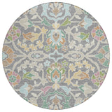 8' Gray And Silver Round Floral Washable Indoor Outdoor Area Rug