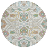 8' Ivory And Gray Round Floral Washable Indoor Outdoor Area Rug