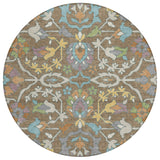 8' Brown And Copper Round Floral Washable Indoor Outdoor Area Rug