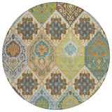 8' Beige And Brown Round Geometric Washable Indoor Outdoor Area Rug
