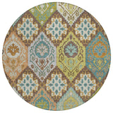 8' Chocolate And Beige Round Geometric Washable Indoor Outdoor Area Rug