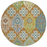 8' Orange And Brown Round Geometric Washable Indoor Outdoor Area Rug