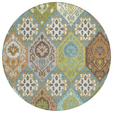 8' Teal Blue And Ivory Round Geometric Washable Indoor Outdoor Area Rug
