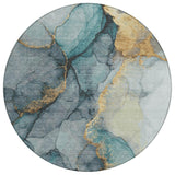 8' Teal Blue And Aqua Round Abstract Washable Indoor Outdoor Area Rug