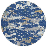 8' Navy Blue And Ivory Round Abstract Washable Indoor Outdoor Area Rug