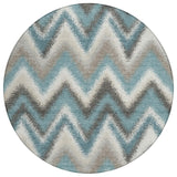 8' Teal Blue And Charcoal Round Geometric Washable Indoor Outdoor Area Rug