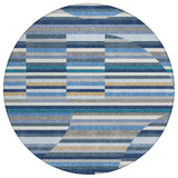 8' Navy Blue And Sky Blue Round Striped Washable Indoor Outdoor Area Rug