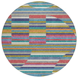 8' Teal Blue And Gold Round Striped Washable Indoor Outdoor Area Rug