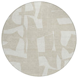 8' Beige And Ivory Round Geometric Washable Indoor Outdoor Area Rug