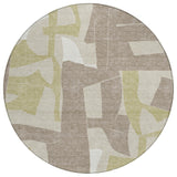 8' Beige And Fern Green Round Geometric Washable Indoor Outdoor Area Rug