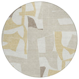 8' Ivory And Beige Round Geometric Washable Indoor Outdoor Area Rug