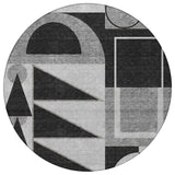 8' Black And Gray Round Geometric Washable Indoor Outdoor Area Rug