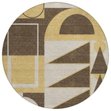 8' Chocolate And Gold Round Geometric Washable Indoor Outdoor Area Rug