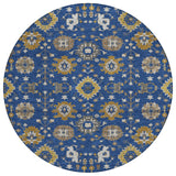 8' Navy Blue And Blue Round Geometric Washable Indoor Outdoor Area Rug