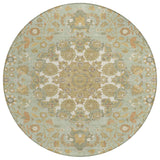 8' Green And Taupe Round Damask Washable Indoor Outdoor Area Rug