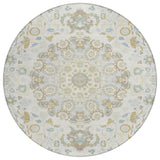 8' Ivory And Linen Round Damask Washable Indoor Outdoor Area Rug