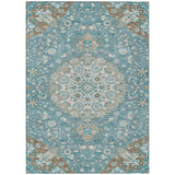3' X 5' Teal Blue And Pewter Damask Washable Indoor Outdoor Area Rug