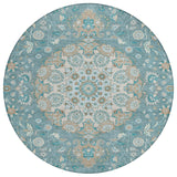 8' Teal Blue And Pewter Round Damask Washable Indoor Outdoor Area Rug