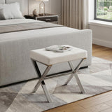 20" White and Silver Tufted Faux Leather and Metal Upholstered Vanity Bench