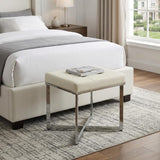 20" White and Silver Tufted Faux Leather and Metal Upholstered Vanity Bench
