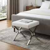 20" White and Silver Tufted Faux Leather and Steel Upholstered Vanity Bench