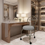 18" Cream and Silver Microfiber and Metal Distressed Vanity Chair