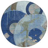 8' Blue And Navy Blue Round Geometric Washable Indoor Outdoor Area Rug