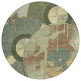 8' Green And Brown Round Geometric Washable Indoor Outdoor Area Rug