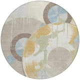8' Ivory And Beige Round Geometric Washable Indoor Outdoor Area Rug