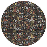 8' Black And Brown Round Stars Washable Indoor Outdoor Area Rug