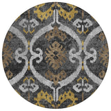 8' Black And Graphite Round Ikat Washable Indoor Outdoor Area Rug