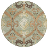 8' Green And Khaki Round Ikat Washable Indoor Outdoor Area Rug