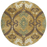 8' Gold And Brown Round Ikat Washable Indoor Outdoor Area Rug