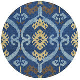 8' Navy Blue And Blue Round Ikat Washable Indoor Outdoor Area Rug