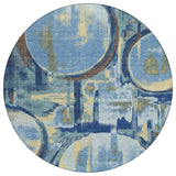 8' Teal Blue And Denim Blue Round Abstract Washable Indoor Outdoor Area Rug