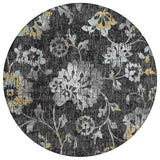 8' Black And Graphite Round Floral Washable Indoor Outdoor Area Rug