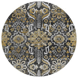 8' Black And Graphite Round Damask Washable Indoor Outdoor Area Rug