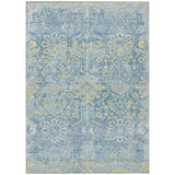 3' X 5' Teal Blue And Silver Damask Washable Indoor Outdoor Area Rug