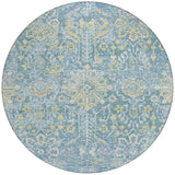 8' Teal Blue And Silver Round Damask Washable Indoor Outdoor Area Rug