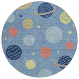 8' Blue And Navy Blue Round Floral Washable Indoor Outdoor Area Rug