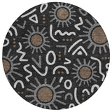 8' Black And Graphite Round Geometric Washable Indoor Outdoor Area Rug