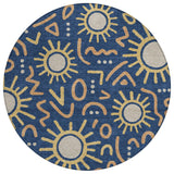8' Navy Blue And Blue Round Geometric Washable Indoor Outdoor Area Rug