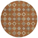 8' Orange And Brown Round Geometric Washable Indoor Outdoor Area Rug